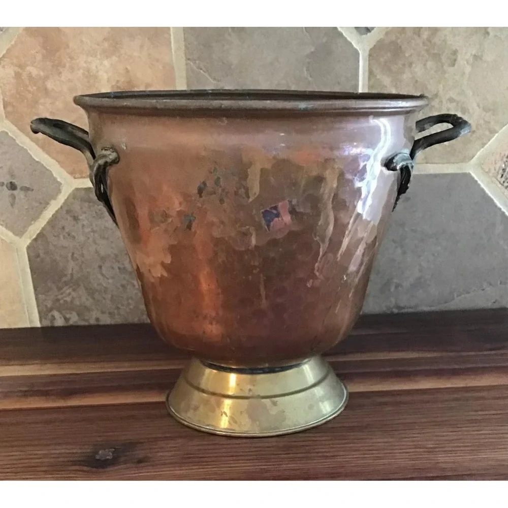 VTG Hammered Copper Bucket Brass Footed Ornate Handles Verdigris Patina 6.75x8.5